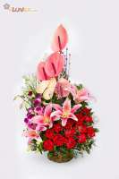 An arrangement of Anthuriums, Carnations, Lilies and Orchids.