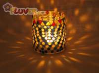 Small Glass Candle Lamp with Blue & Yellow Circle Pattern